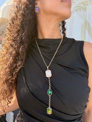 LONG GEM SQUARE NECKLACE SET IN GREEN/IRRIDESCENT