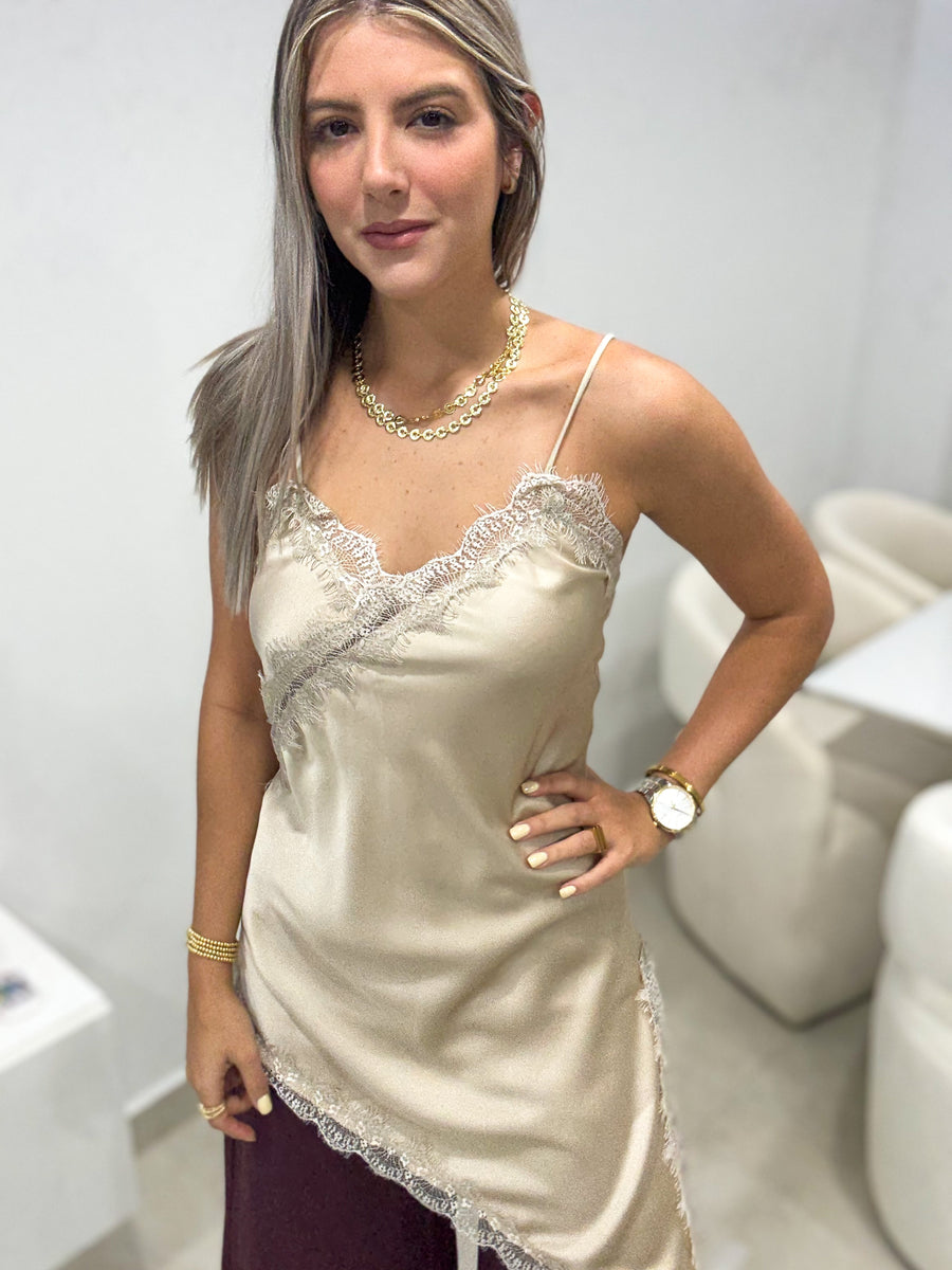 CREAM LACE SATIN TOP