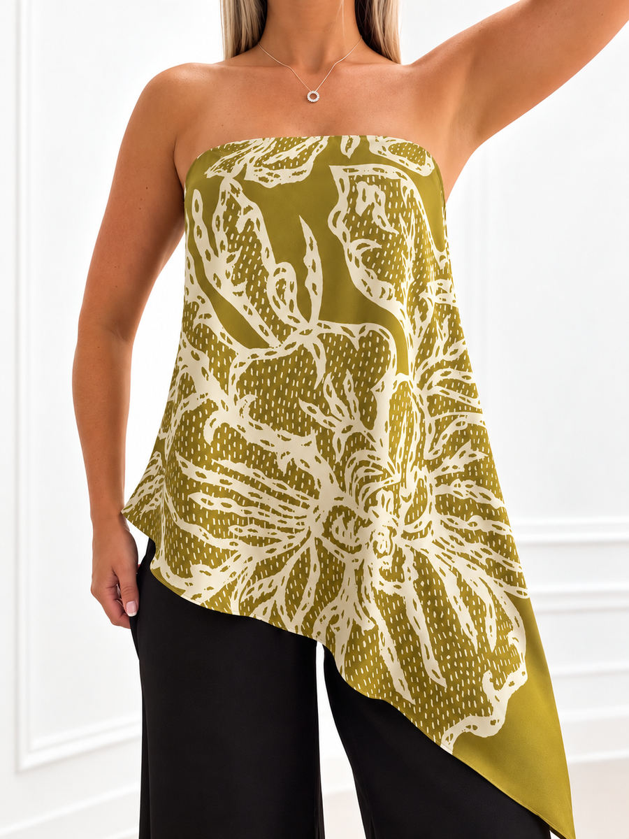 OLIVE PRINT STRAPLESS SATIN ASYMMETRIC TOP