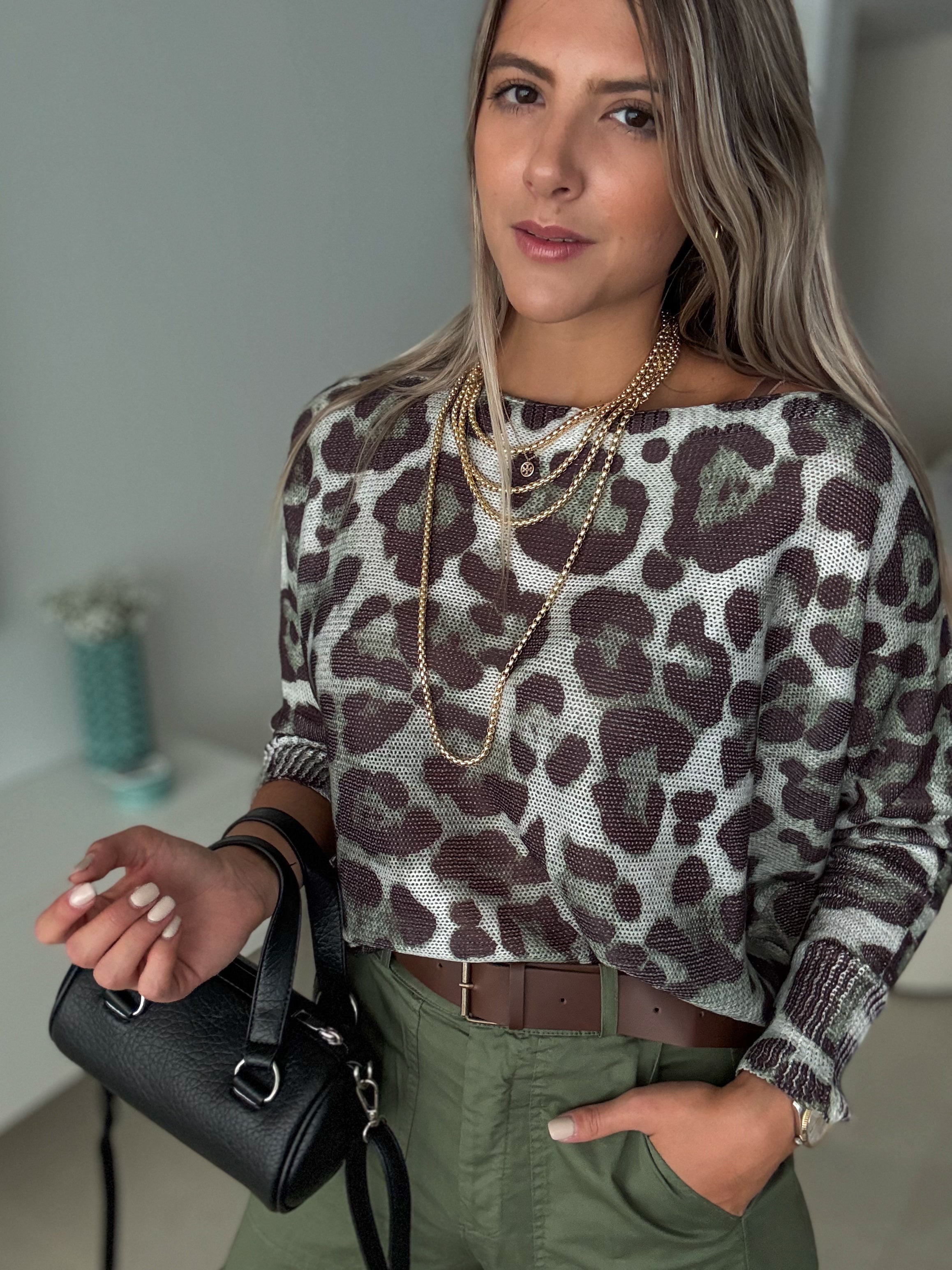 GREEN ANIMAL PRINT KNITTED TOP