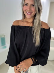 BLACK SATIN OFF SHOULDER BLOUSE