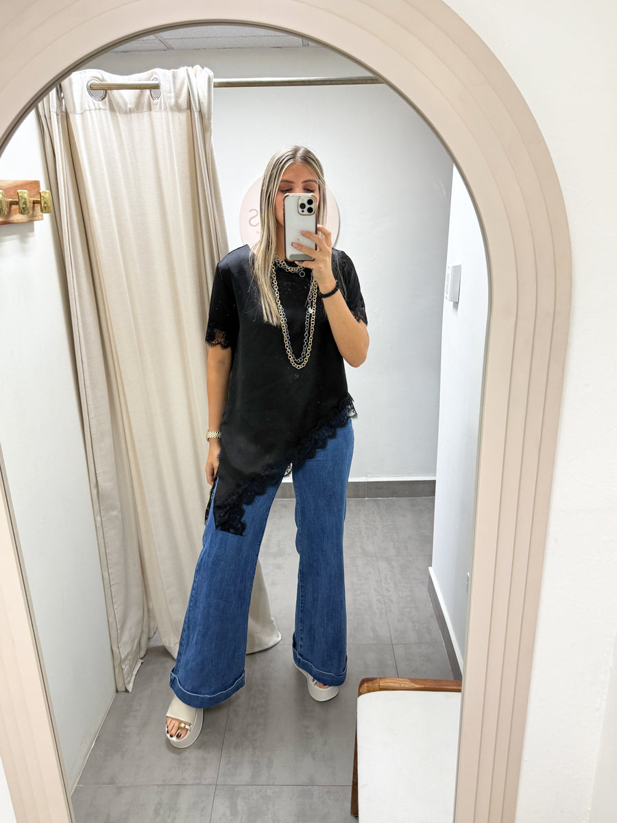 ONE SIZE SATIN LACE SHORT SLEEVE TOPS