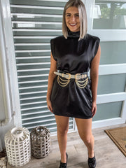 BLACK SATIN MOCK NECK SHOULDER PADDED DRESS