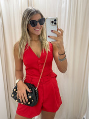 RED SLEEVELESS V-NECK ROMPER