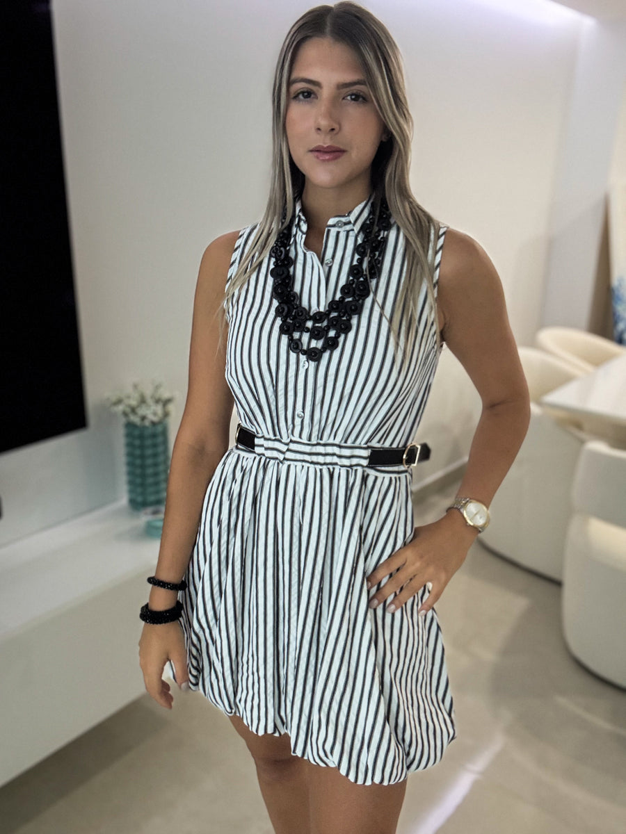 BLACK STRIPED BELTED DETAIL DRESS