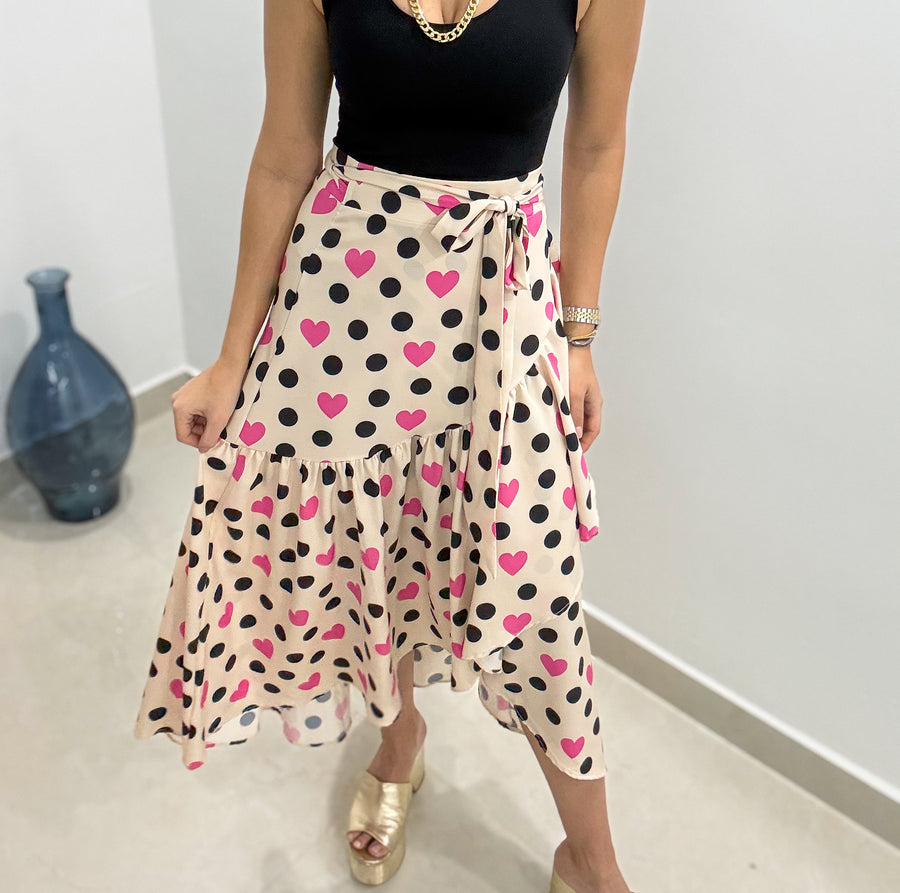BEIGE/BLACK POLKA DOT HEART WRAP AROUND SKIRT