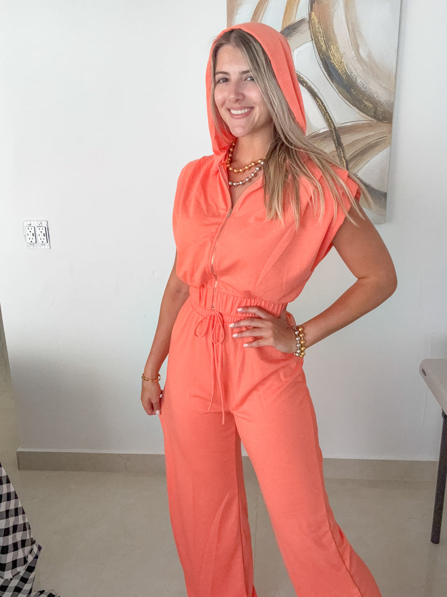 CORAL TRAVEL HOODIE CROP TOP & HIGH WAIST PANT SET