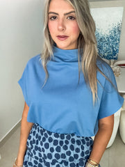 DENIM BLUE MOCK NECK BLOUSE