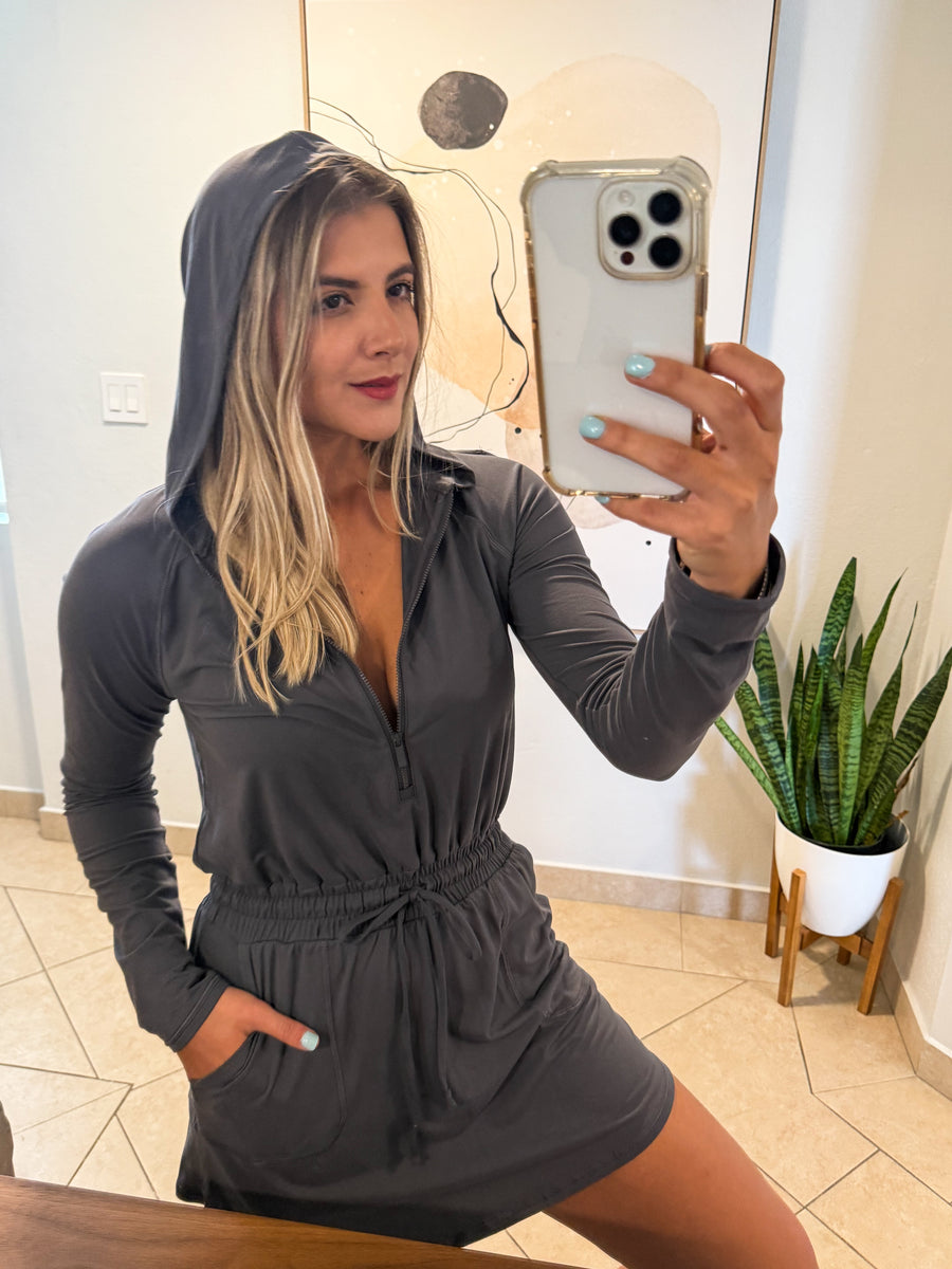 CHARCOAL GRAY STRETCHY HOODIE ROMPER