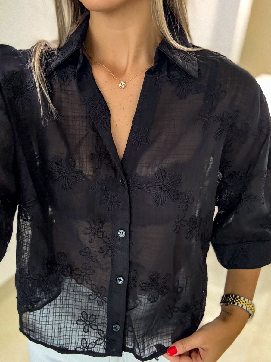 BLACK FLORAL SHEER BLOUSE