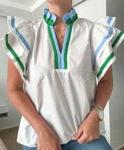 OFF WHITE GREEN/BLUE TRACK LINES RUFFLE BLOUSE