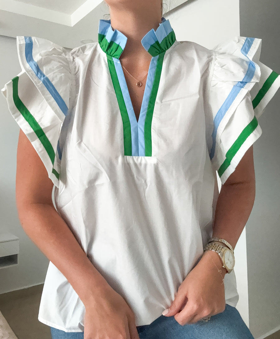 OFF WHITE GREEN/BLUE TRACK LINES RUFFLE BLOUSE