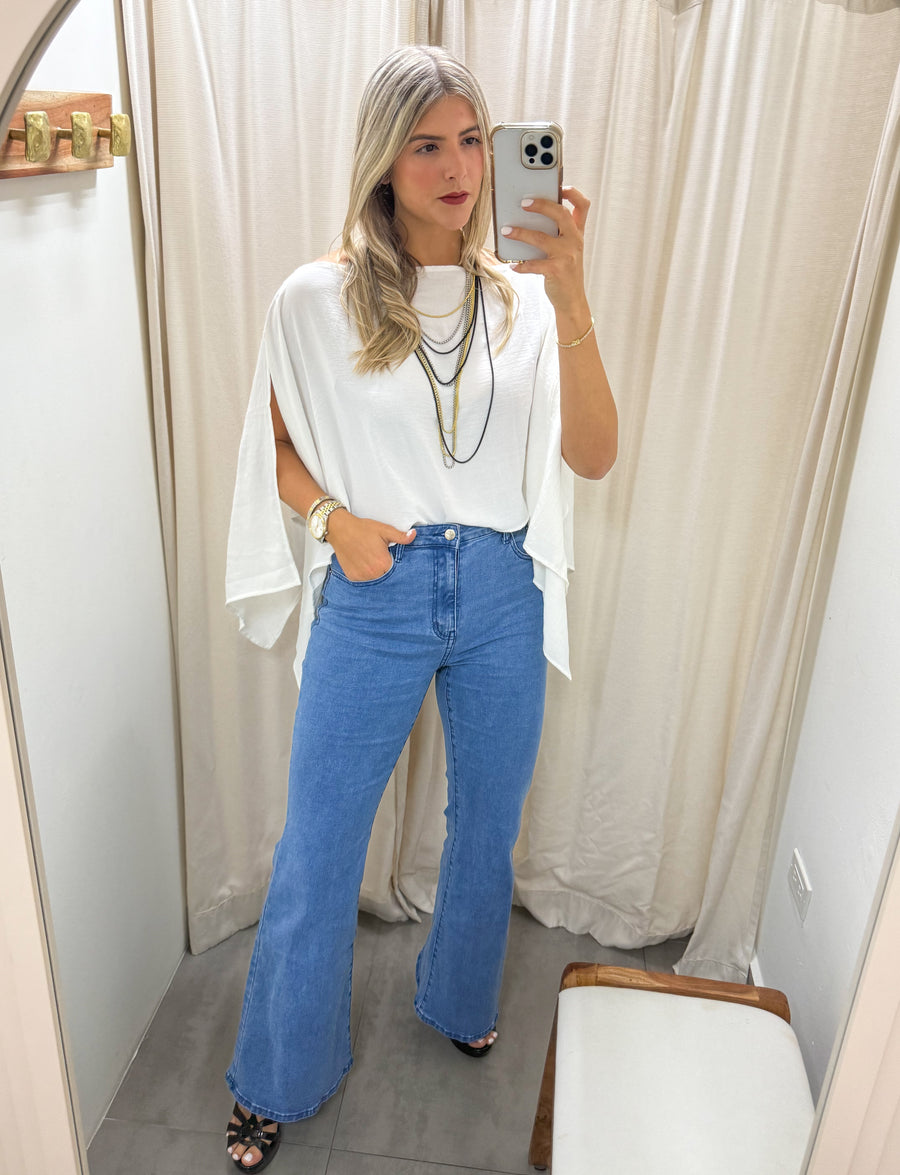 WHITE OPEN SLEEVES BLOUSE