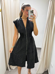 BLACK RHINESTONES ZIPPER MIDI DRESS