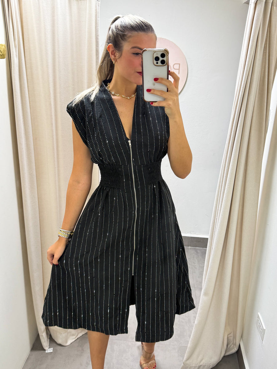 BLACK RHINESTONES ZIPPER MIDI DRESS
