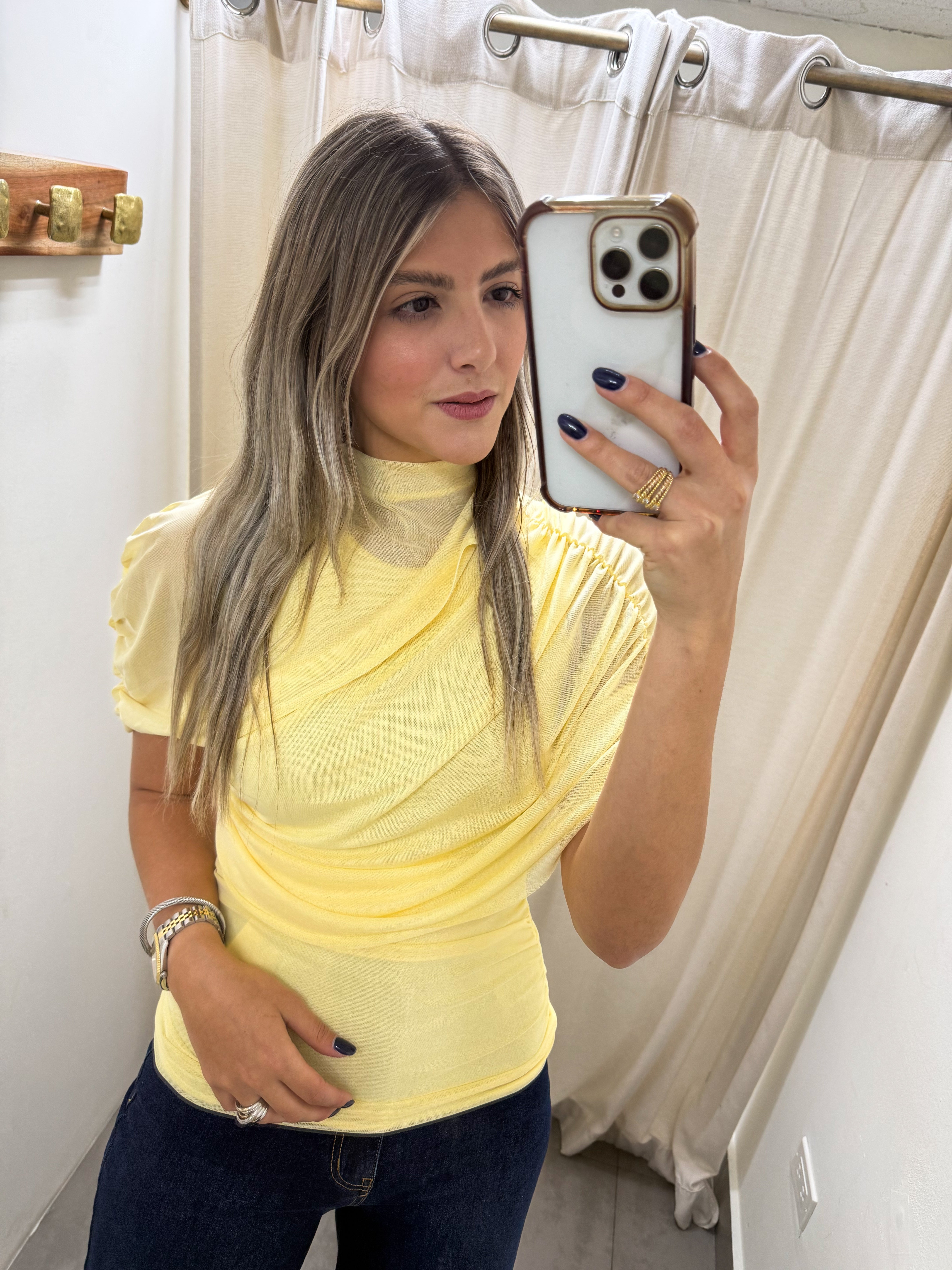 YELLOW MESH RUCHED BLOUSE