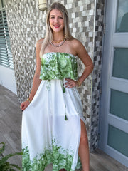 STRAPLESS GREEN/IVORY PRINTED MAXI DRESS