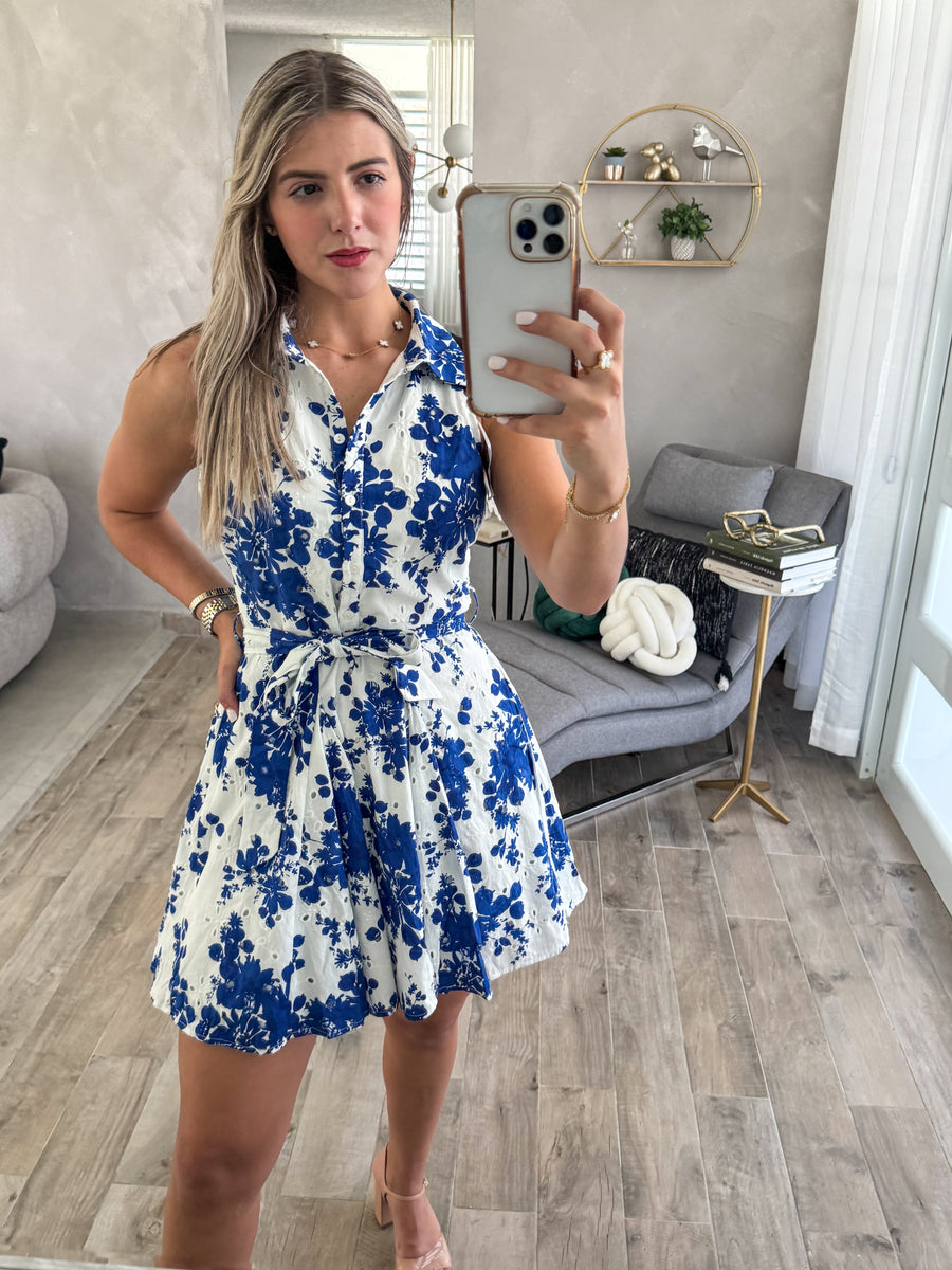BLUE PRINTED EYELET SLEEVELESS SHORT DRESS