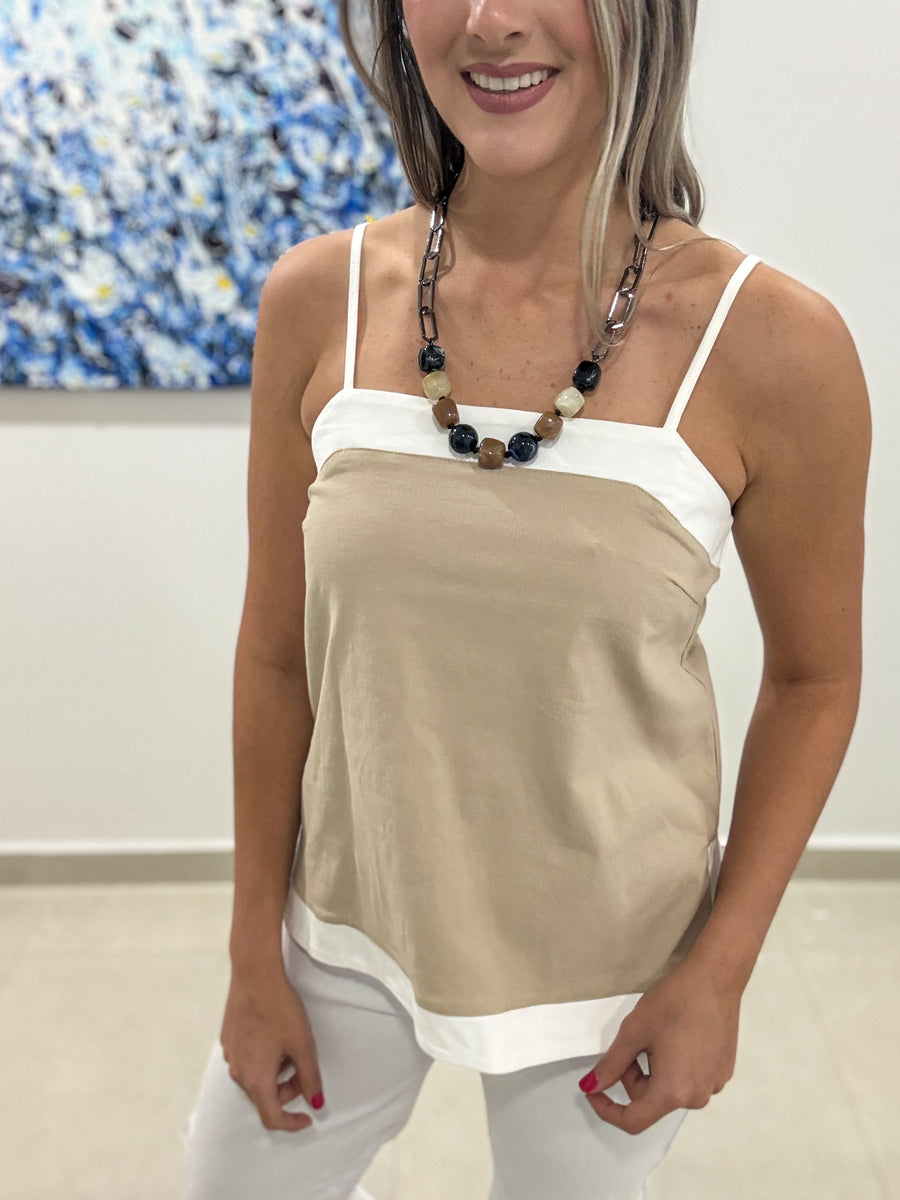 BEIGE AND WHITE STRETCHY TOP
