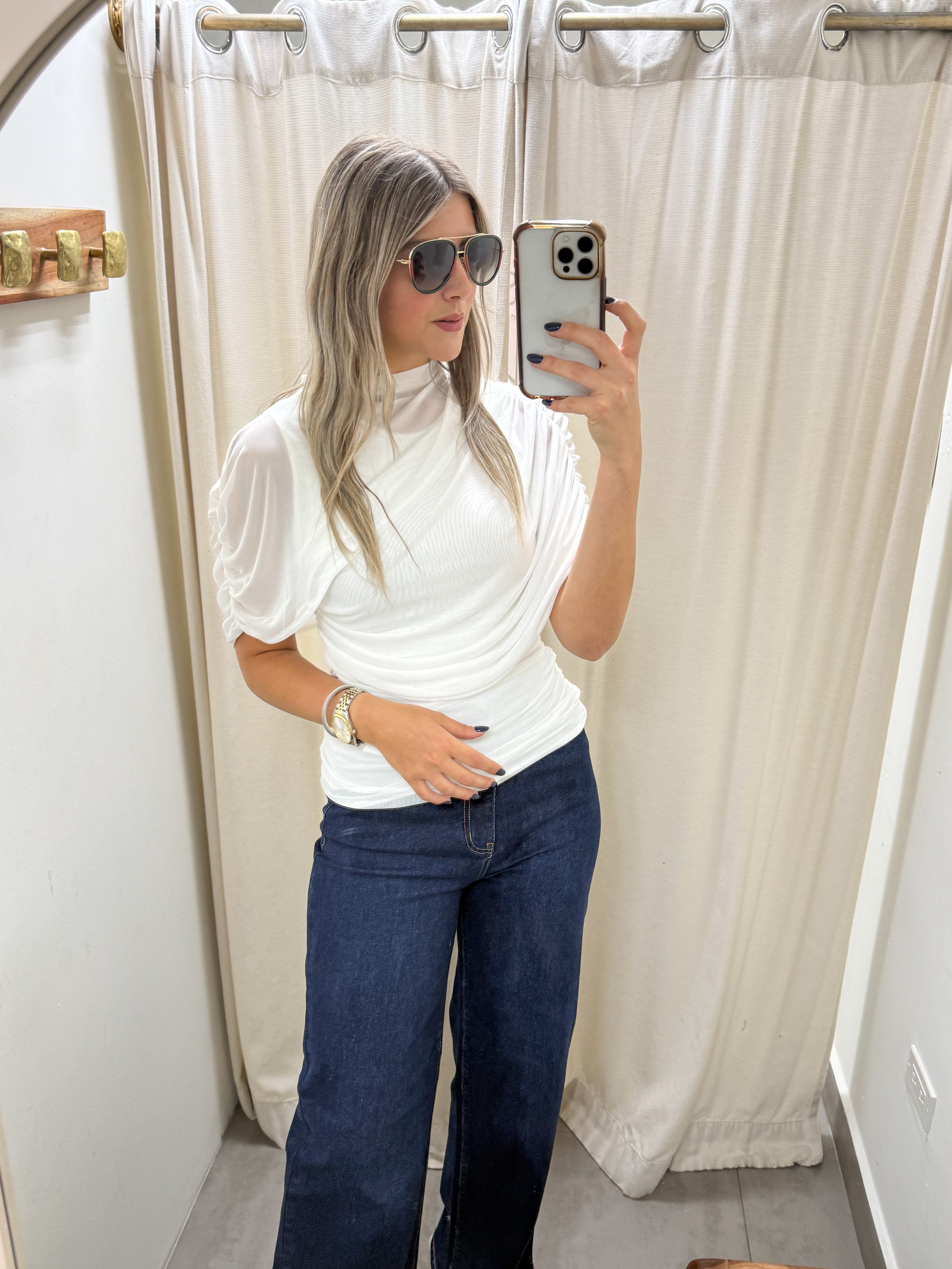 WHITE MESH RUCHED BLOUSE