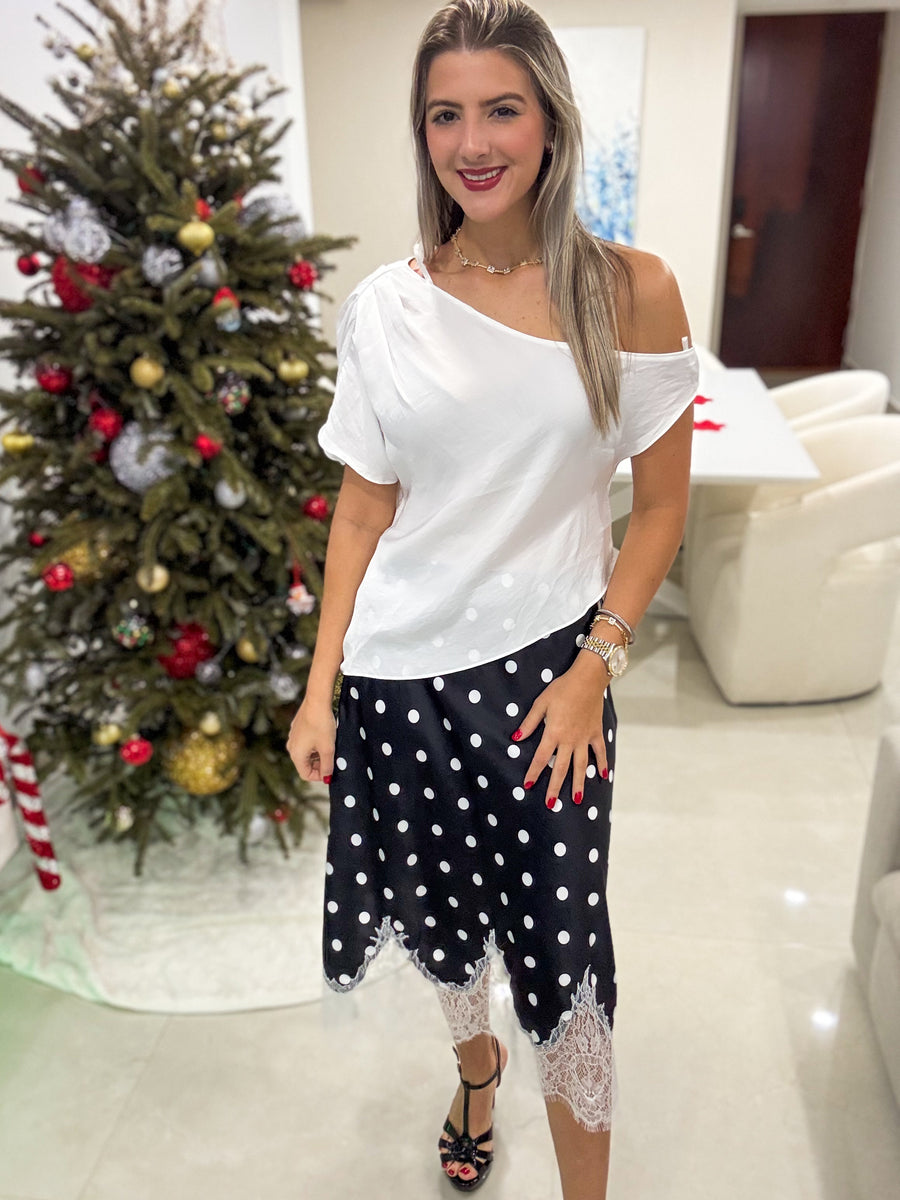 SATIN/LACE POLKA DOT MIDI SKIRT