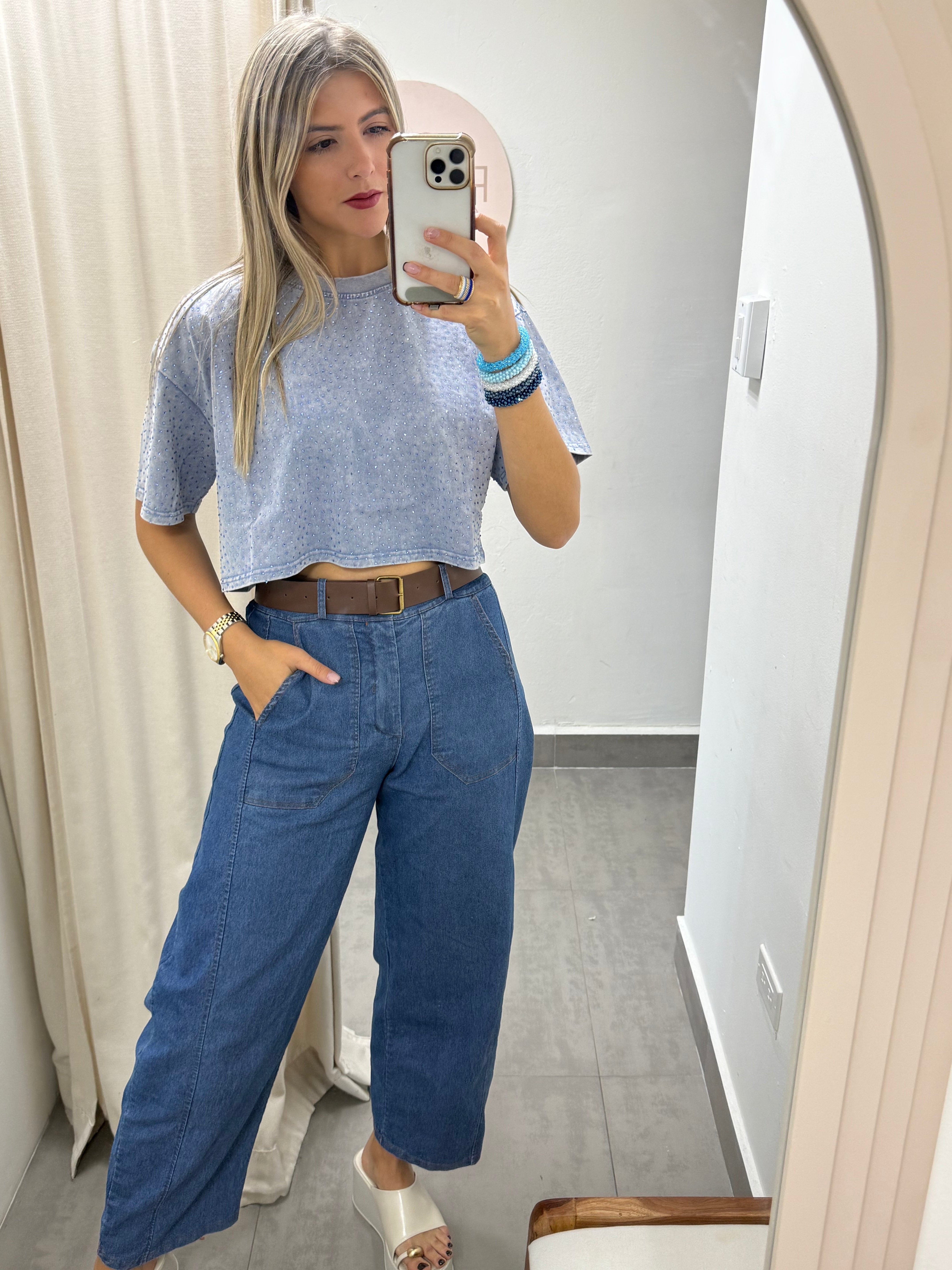 DENIM BLUE RHINESTONES CROP TSHIRT