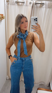 DENIM REMOVABLE TIE KNITTED TOP