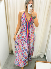 MULTICOLOR FLORAL HALTER MAXI DRESS