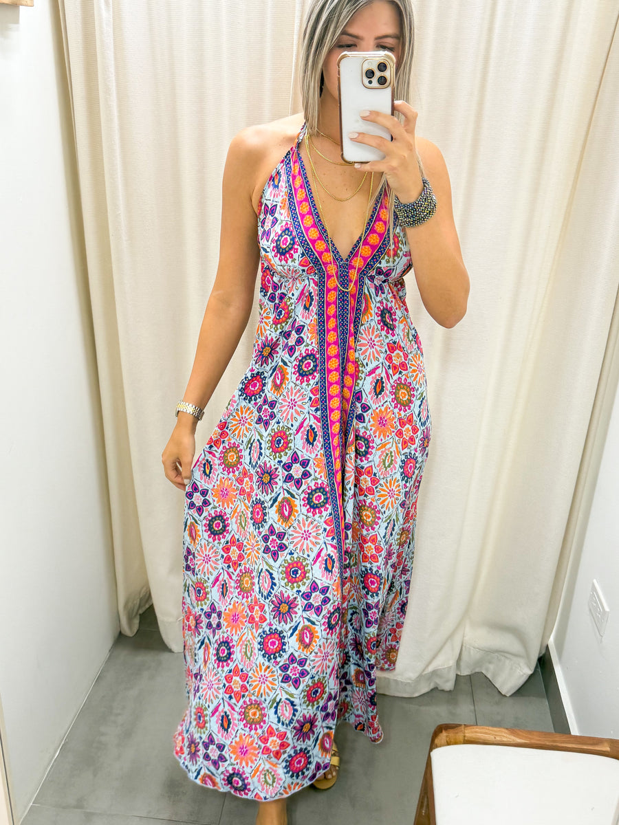 MULTICOLOR FLORAL HALTER MAXI DRESS