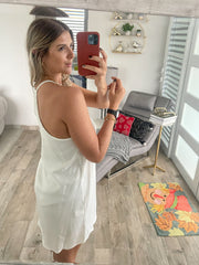 WHITE SATIN V-NECK CAMI DRESS