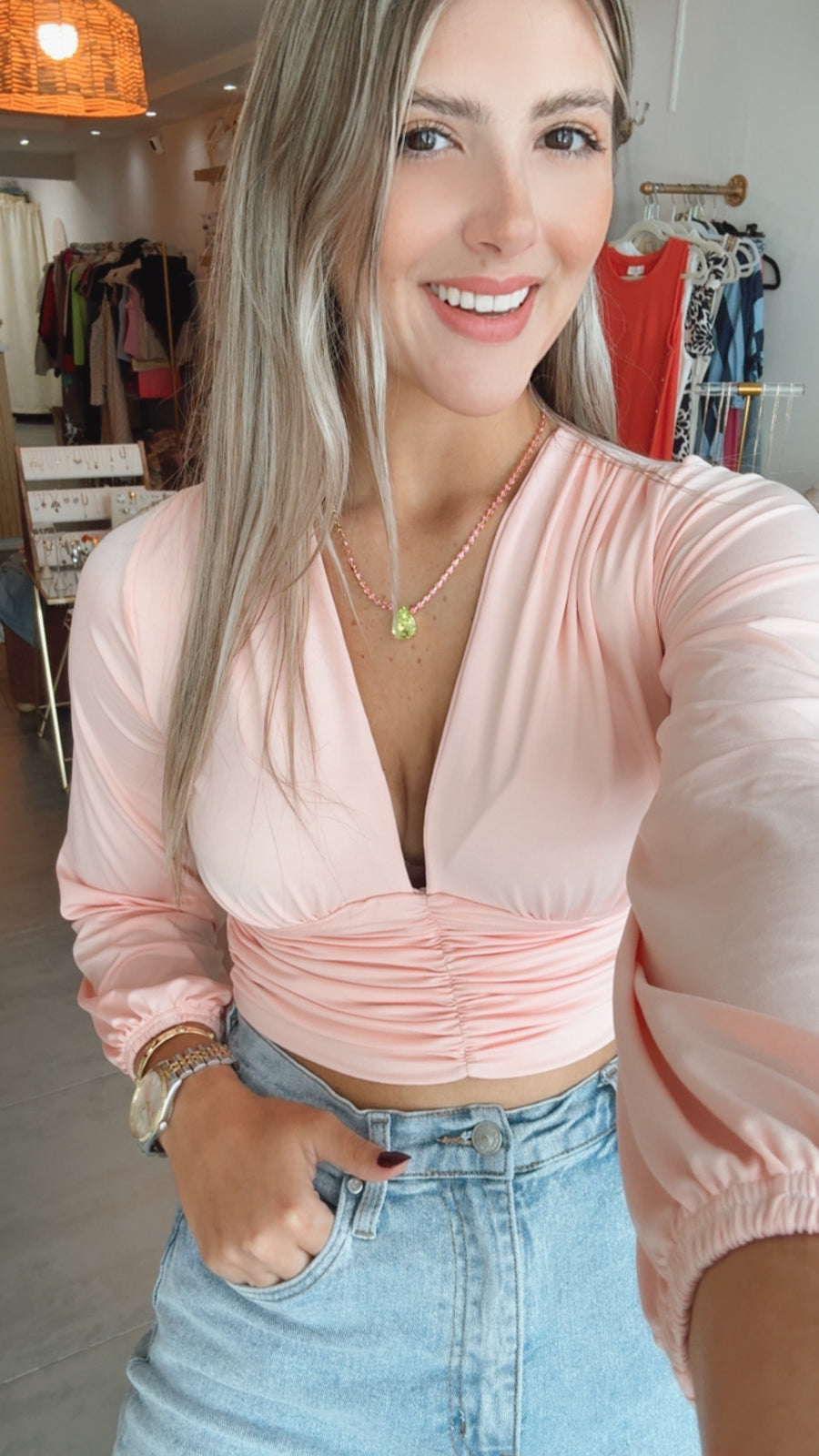 PALE PINK STRETCHY LONG SLEEVE CROP TOP