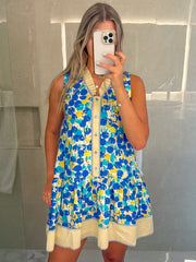 BLUE/YELLOW PRINTED SLEEVELESS SHORT DRESS