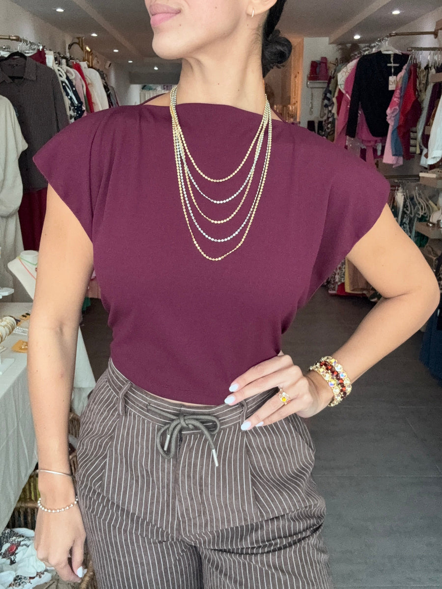 PIA BURGUNDY SOLID SQUARE BLOUSE
