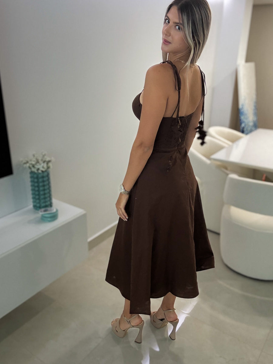 BROWN DREAMY BUSTIER MIDI DRESS
