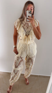 BUTTER YELLOW LACE TOP & JOGGER SET