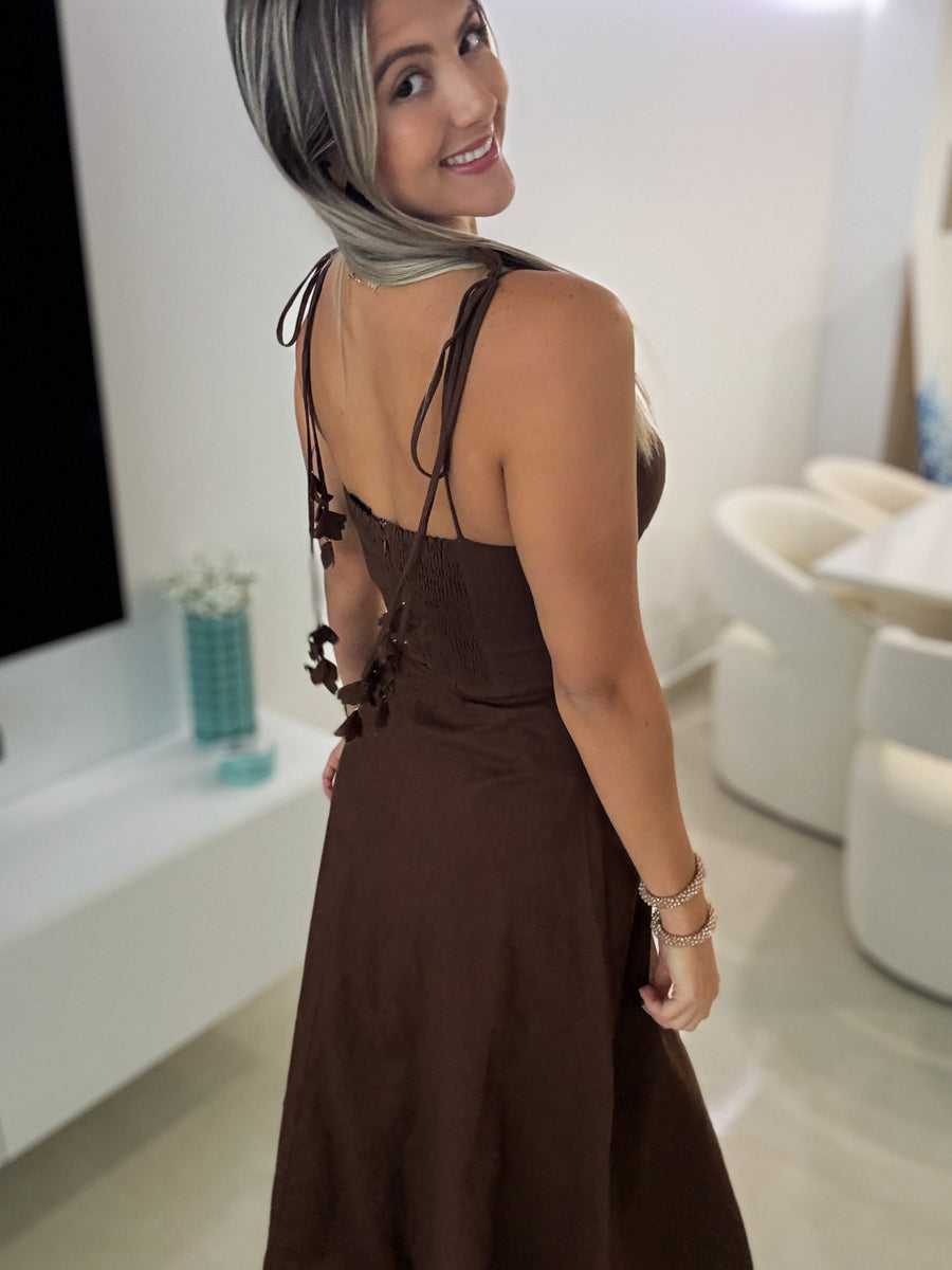 BROWN DREAMY BUSTIER MIDI DRESS