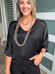 BLACK 3/4 SLEEVES V-NECK SILKY BLOUSE