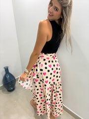 BEIGE/BLACK POLKA DOT HEART WRAP AROUND SKIRT