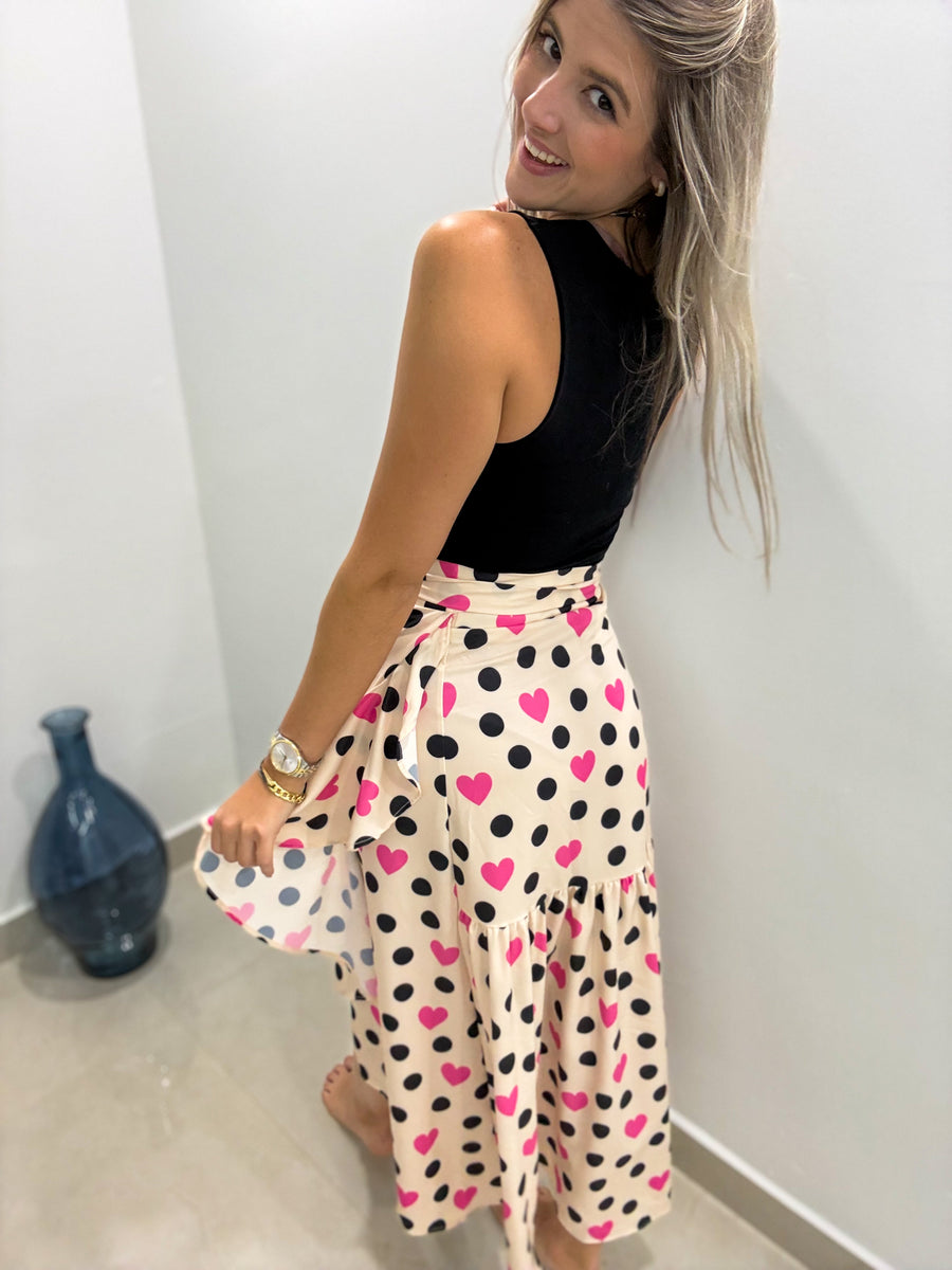 BEIGE/BLACK POLKA DOT HEART WRAP AROUND SKIRT
