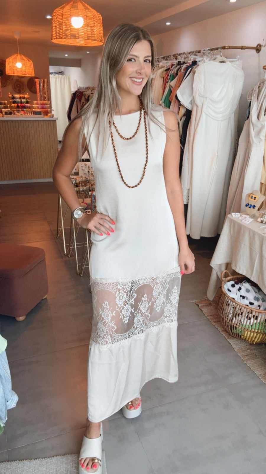 BEIGE SATIN LACE DETAILED DRESS