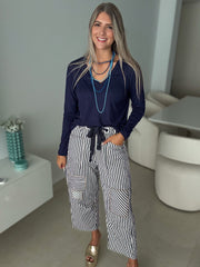 NAVY STRIPED BARREL JEANS