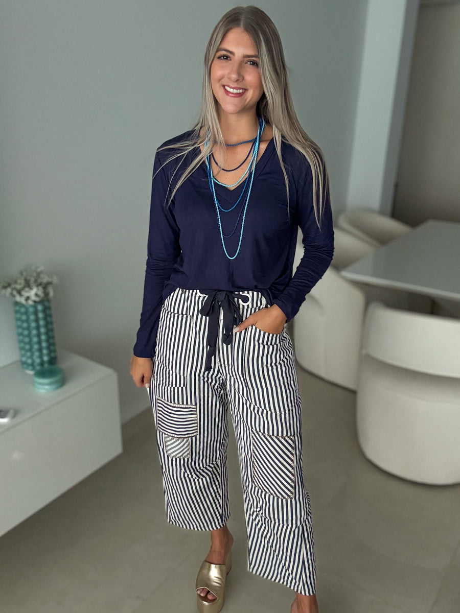 NAVY STRIPED BARREL JEANS