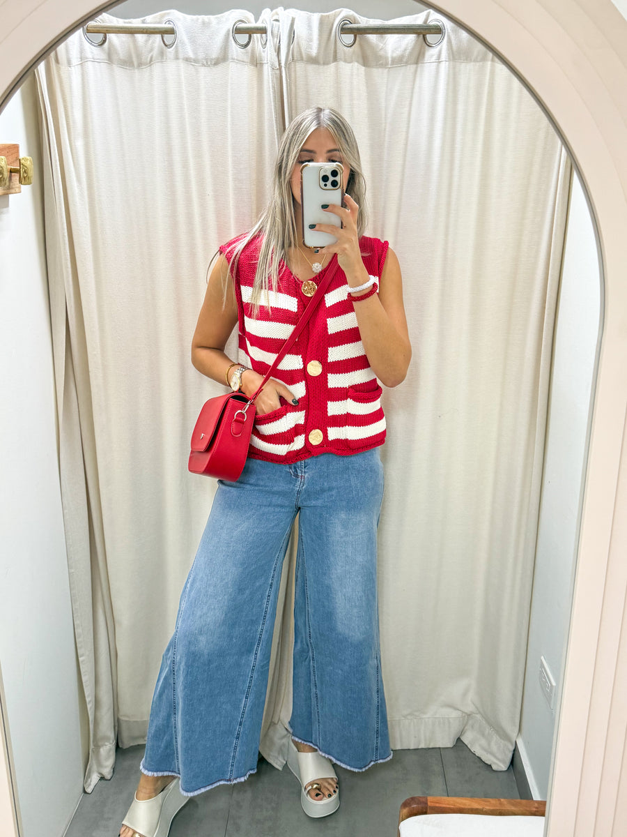 RED/WHITE STRIPED GOLD BUTTON WOVEN BLOUSE