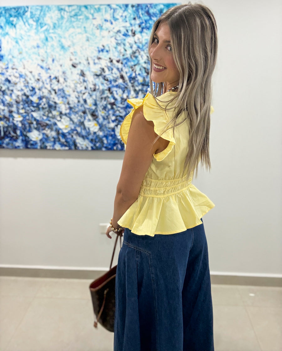 YELLOW V-NECK PEPLUM BLOUSE