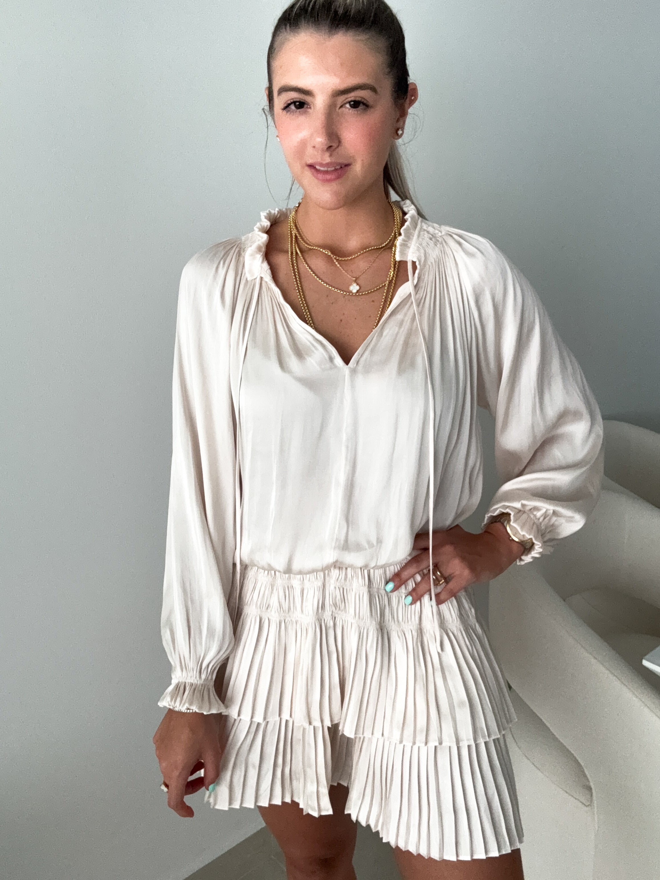 CREAM SATIN PLEATED BOTTOM SHORT DRESS