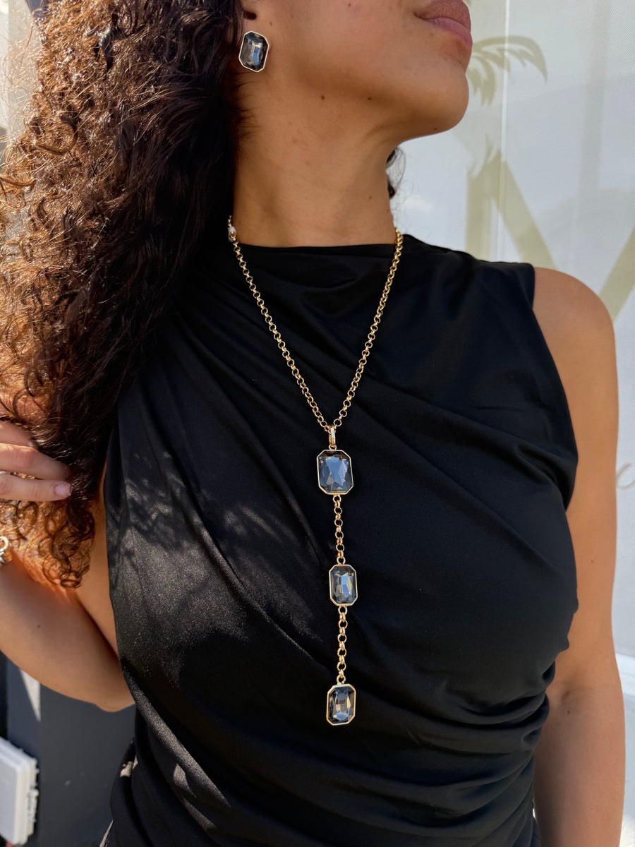 LONG GEM SQUARE NECKLACE SET ALL BLACK