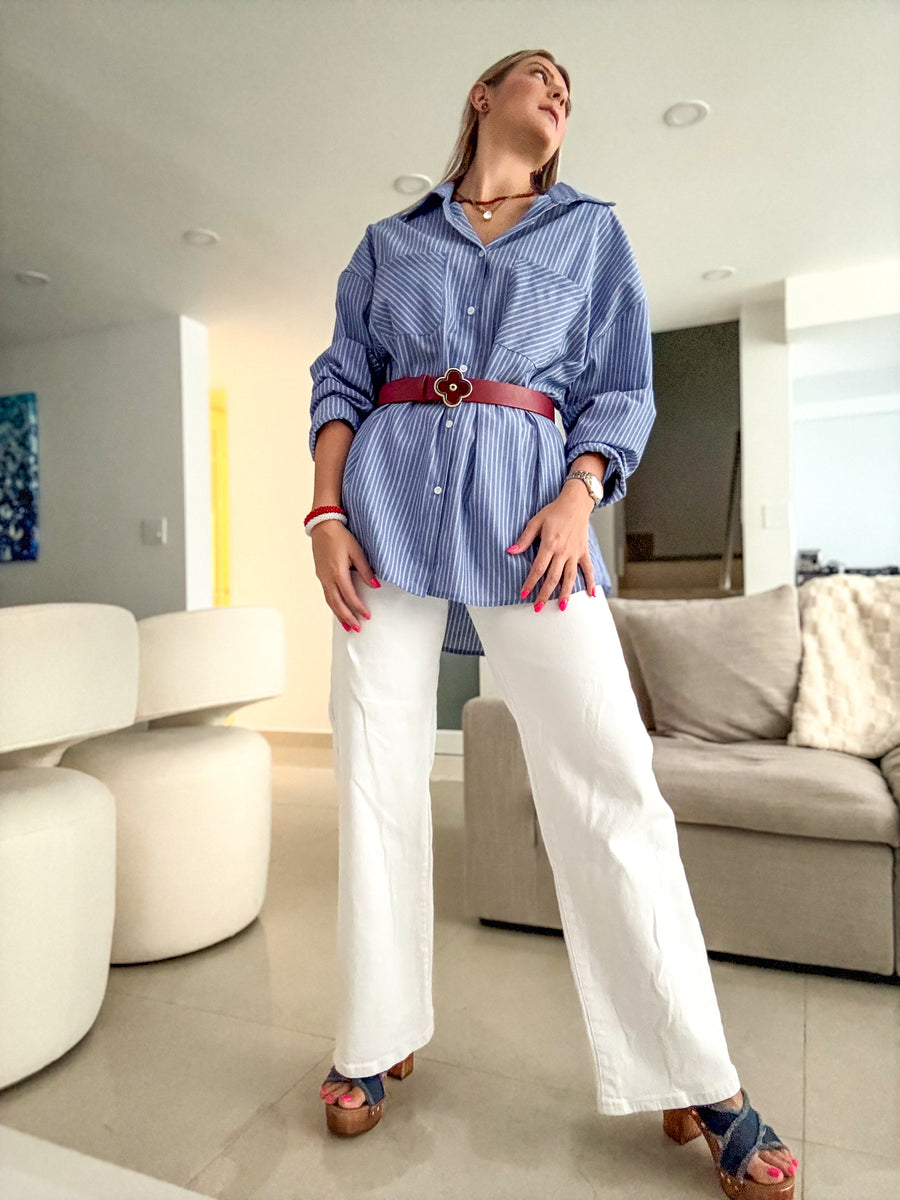 BLUE STRIPED BELTED BLOUSON