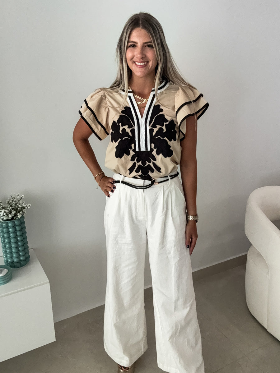 TAUPE/BLACK BLOUSE