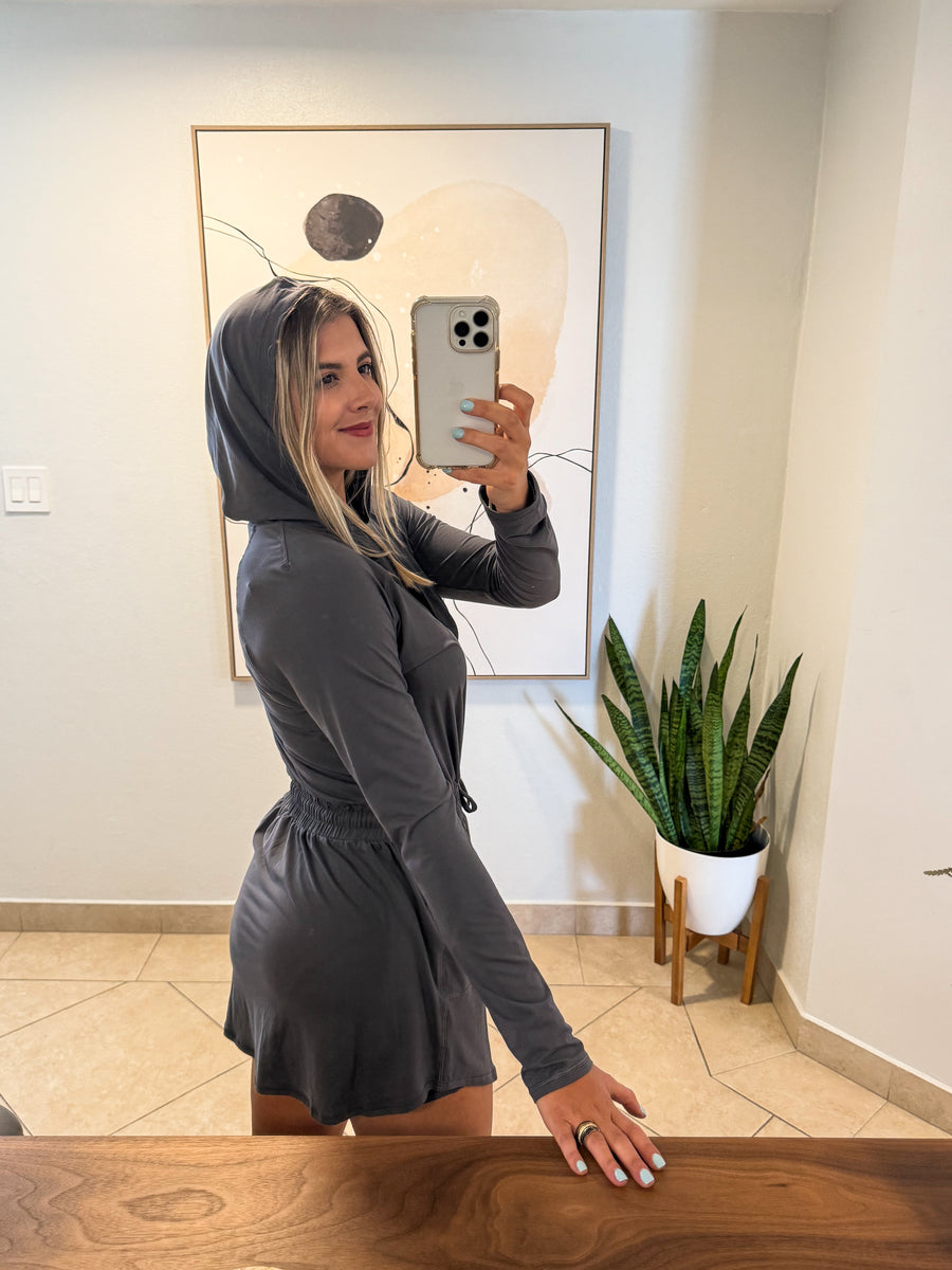 CHARCOAL GRAY STRETCHY HOODIE ROMPER