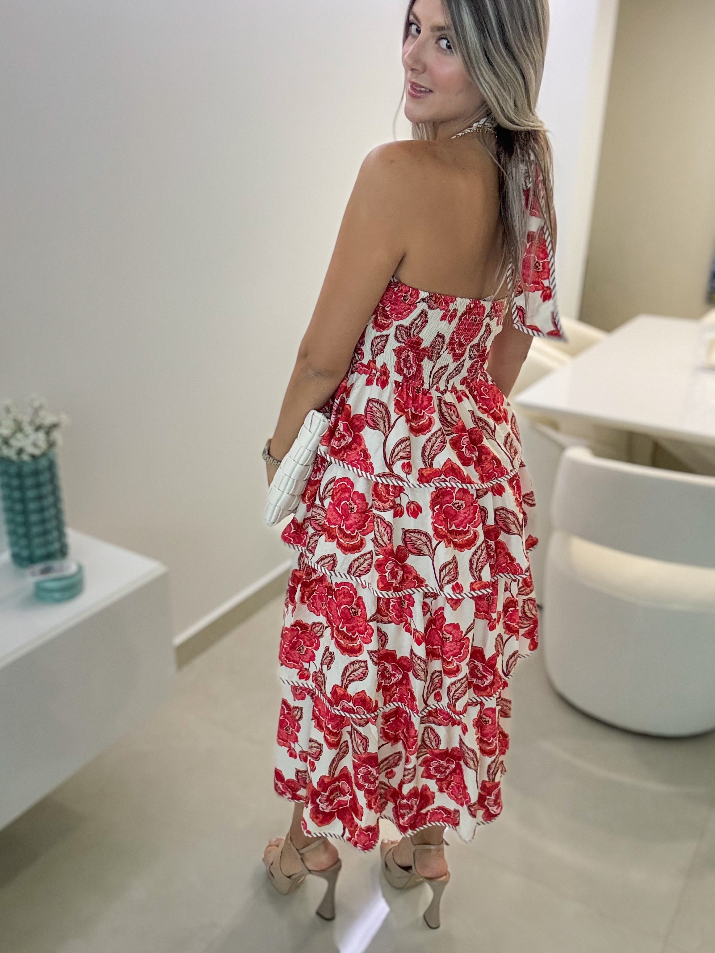 RED/WHITE HALTER PRINTED RUFFLE MIDI DRESS